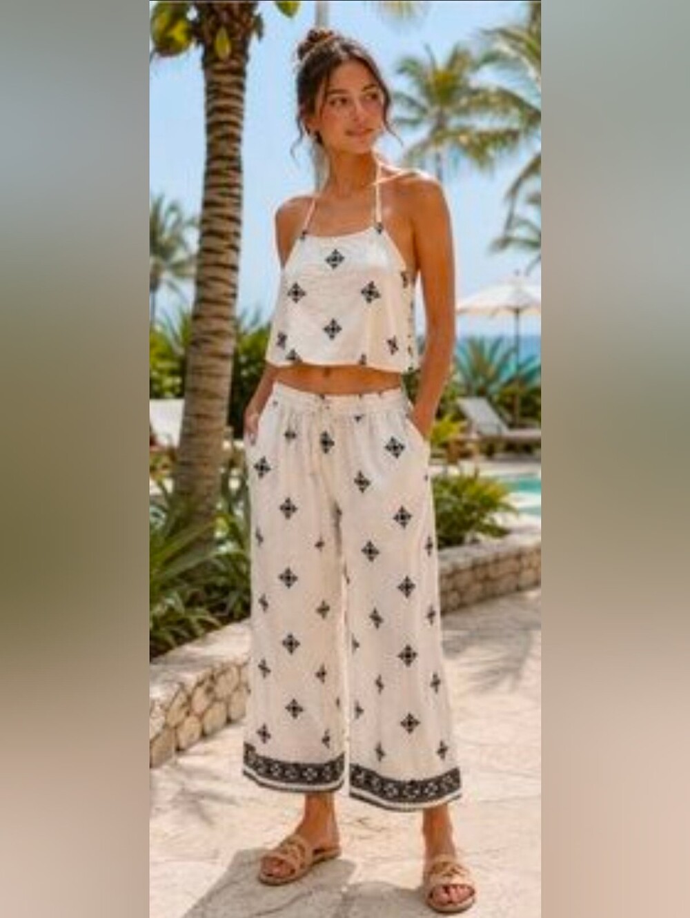 House of Harlow 1960 Embroidered Linen Halter Wide Leg Set S